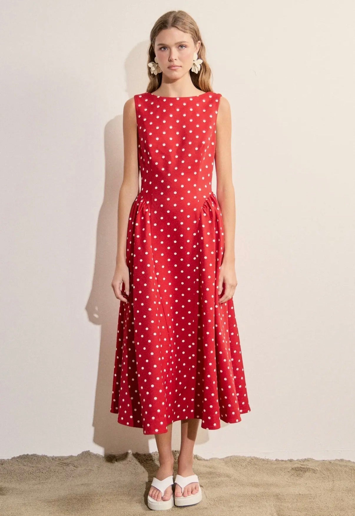 knee length dresses for ladies Women's Retro Polka Dot V Neck Short Sleeve Ruffle Wrap Midi Dress, Red / S main image 0